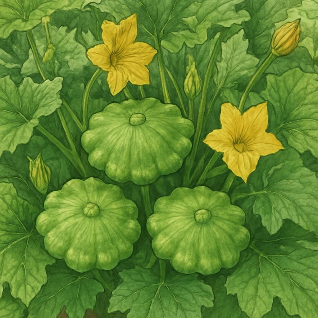 Close-up of Pattypan squash with green tint in a lush garden setting.