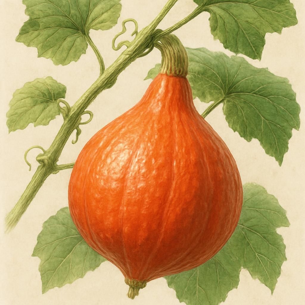 Professional close-up of Red Kuri Squash on the vine with vivid orange skin.