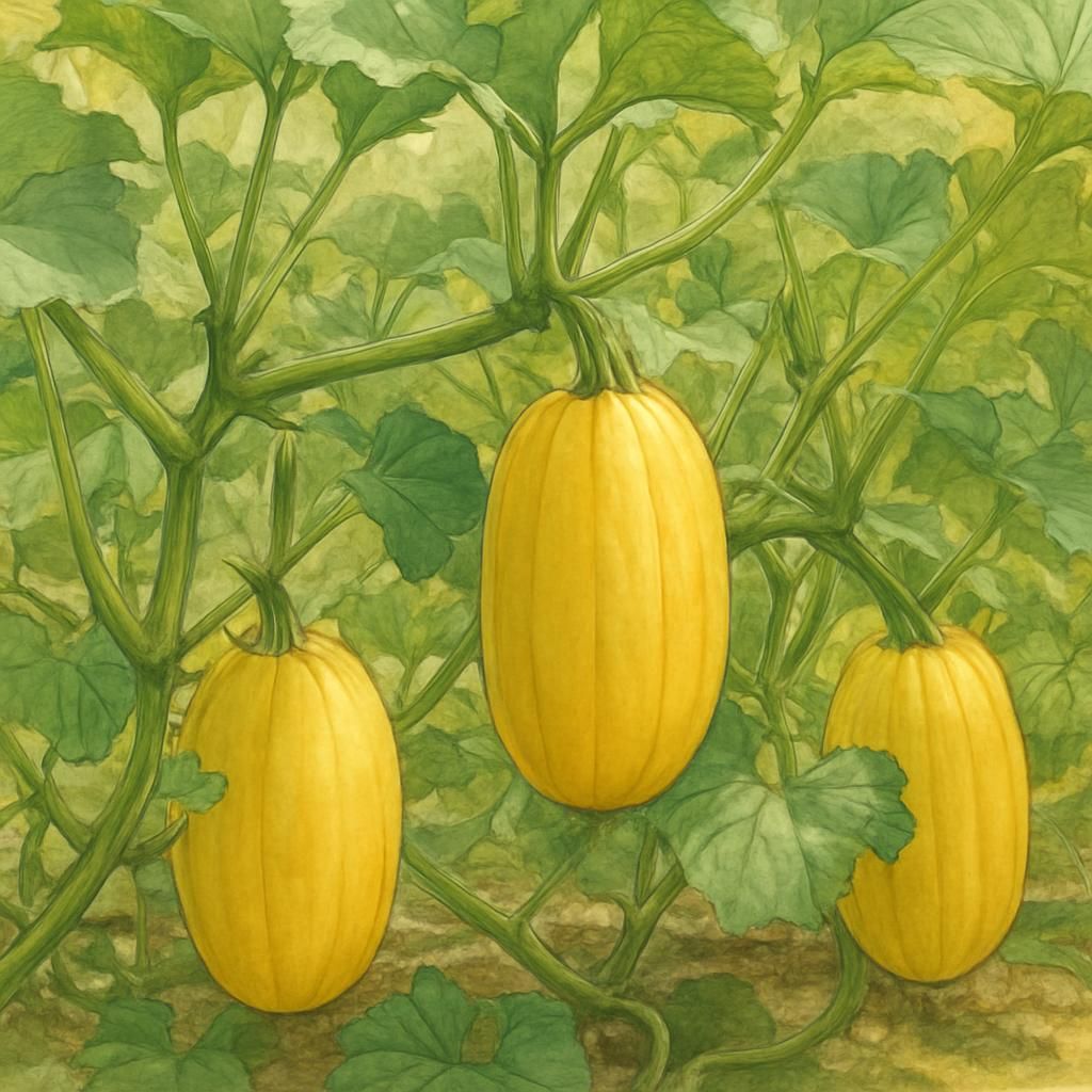 Close-up of ripe Spaghetti Squash with yellow rinds surrounded by lush green leaves.