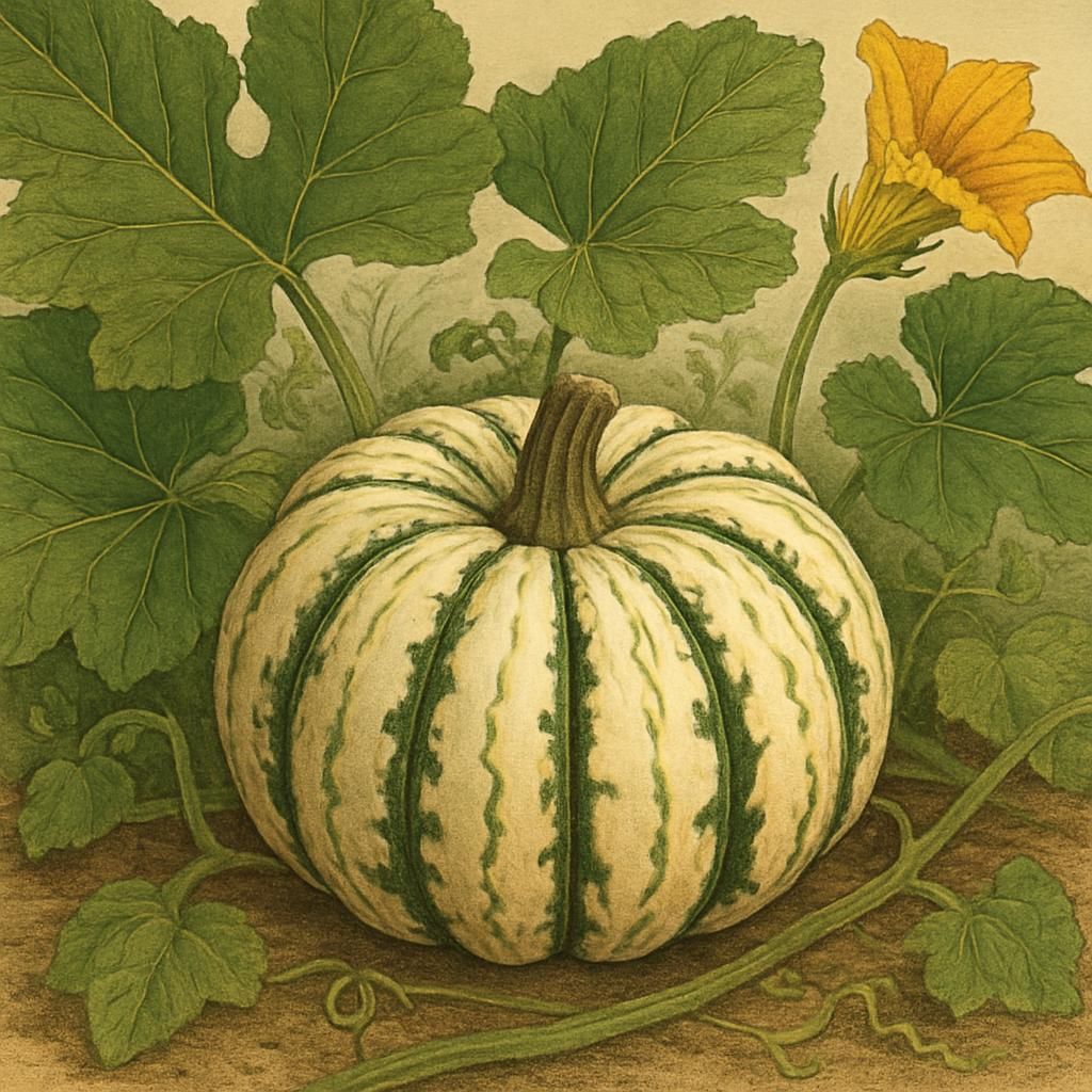Close-up of Sweet Dumpling squash with distinctive ridged patterns and creamy color.
