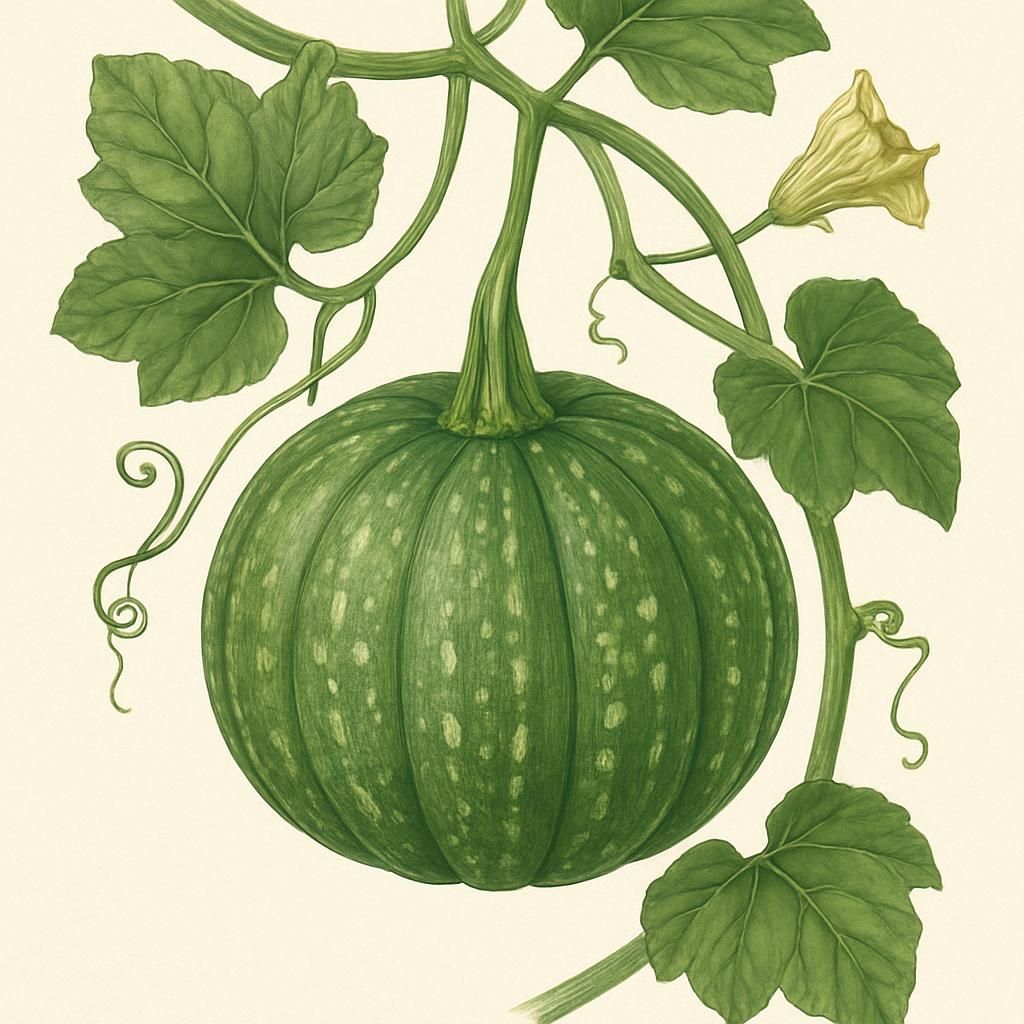 Close-up of Tatume squash growing on a vine in sunlight, showcasing its distinctive round shape.