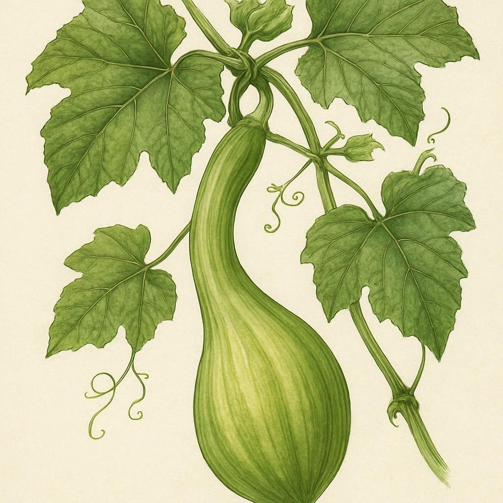 Close-up of Tromboncino squash on a vine, showcasing its distinctive shape and color.