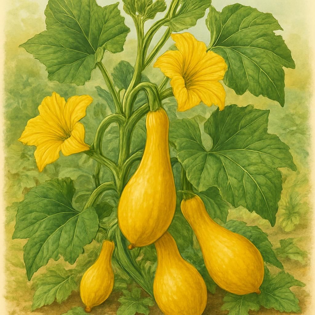 Close-up of Yellow Crookneck Squash with vibrant color and curved shape in a garden.