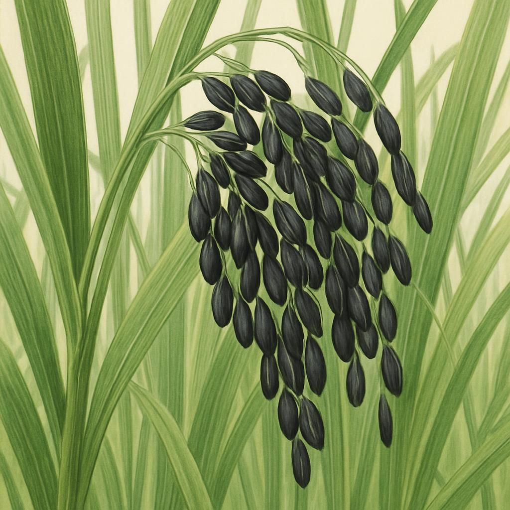 Close-up of Black Glutinous Rice growing in a lush green rice paddy field.