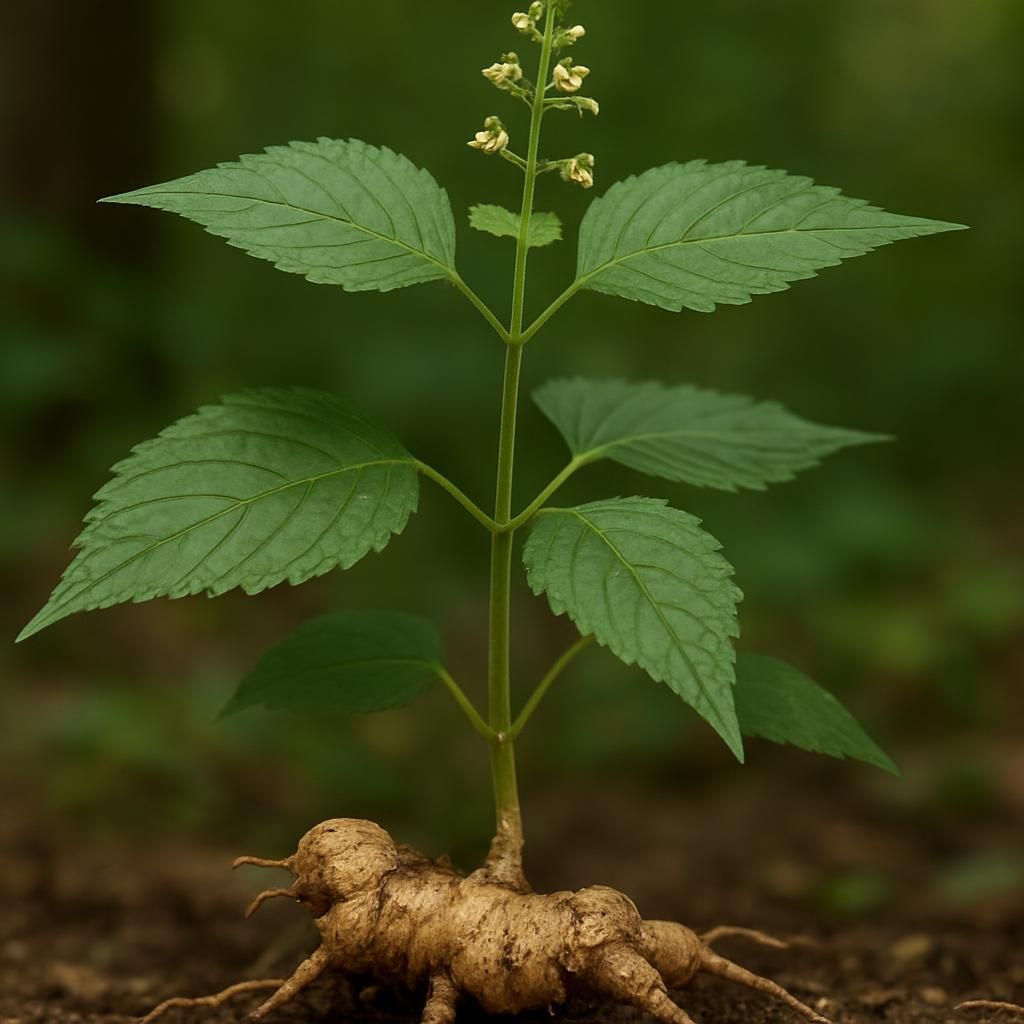 Close-up of Stone Root (Collinsonia canadensis) rhizome, stem, leaves and yellow flowers in woodland garden