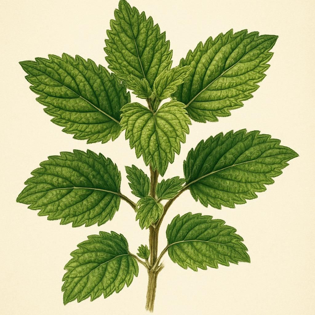 Close-up of Strawberry Mint leaves with vibrant green hues and delicate textures.