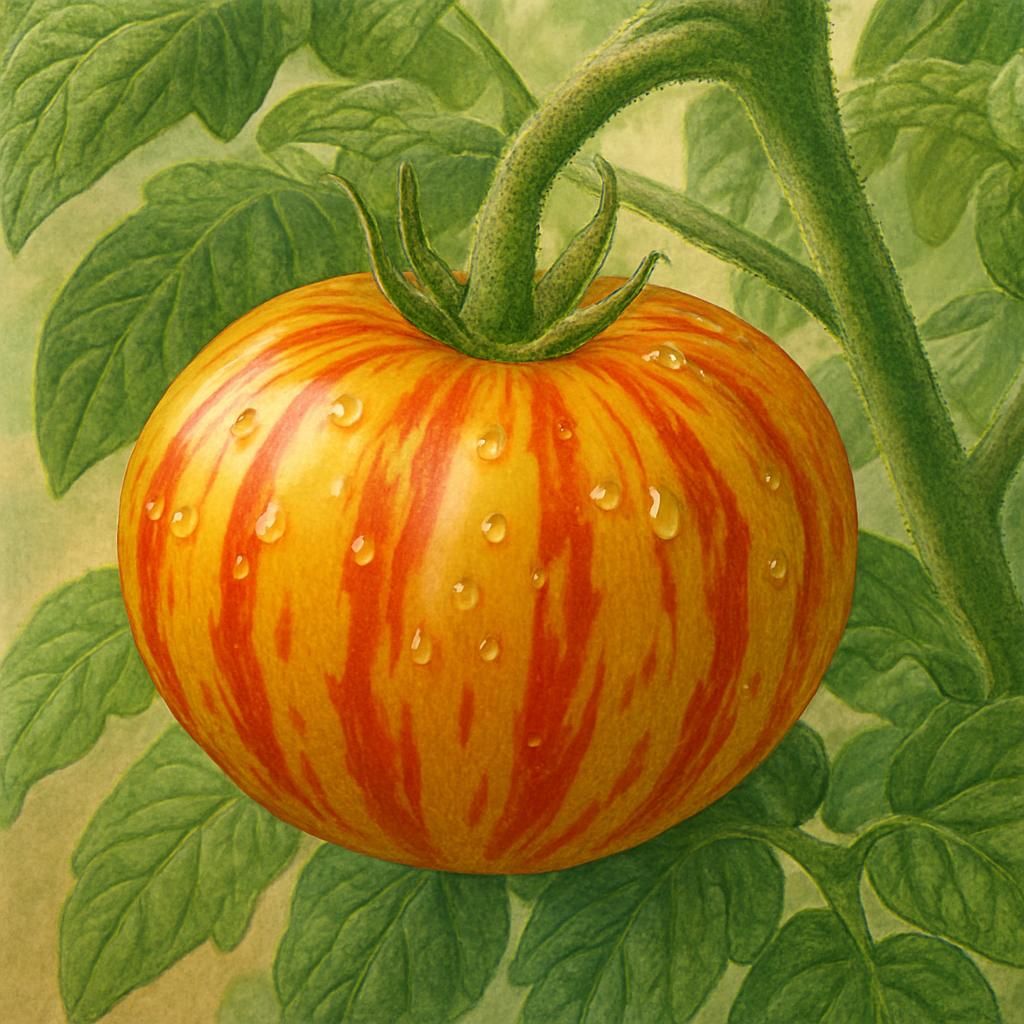 Ripe Striped German heirloom tomato with red and yellow stripes on vine