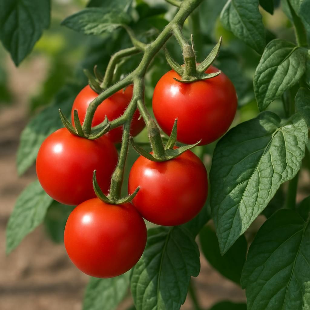 Ripe Stupice tomatoes growing on healthy vines with potato-leaf foliage in organic garden