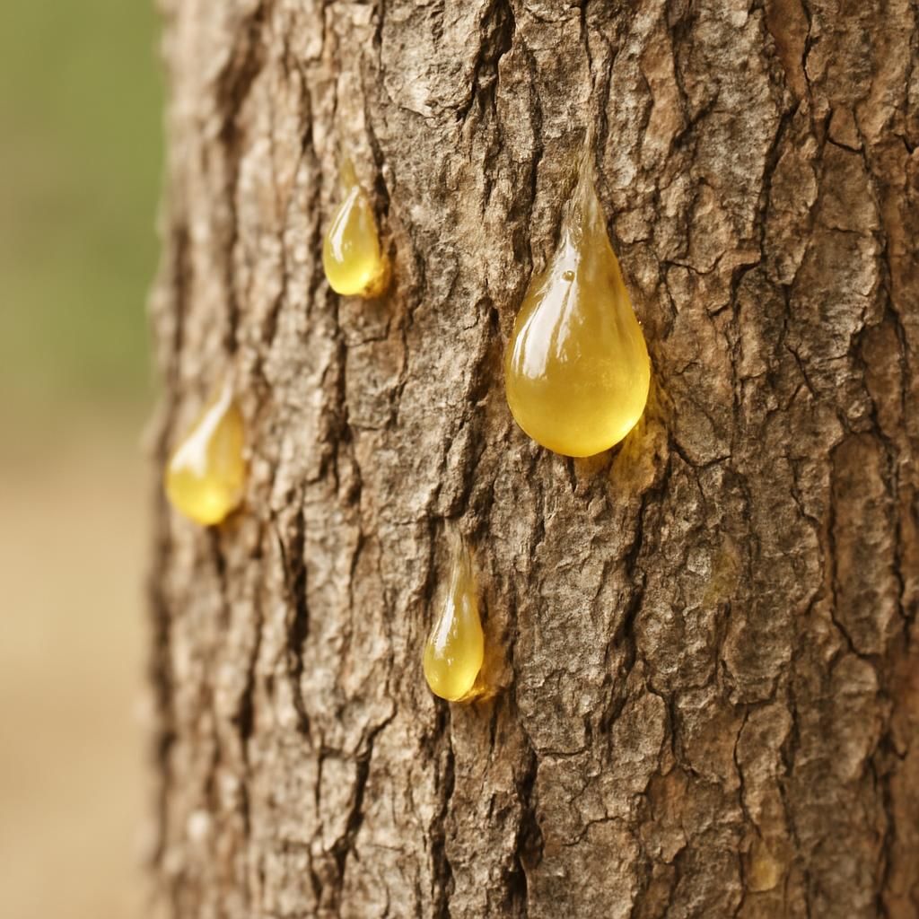 Close-up of Styrax Resin tears on tree bark showing natural balsamic exudate for perfumery and incense