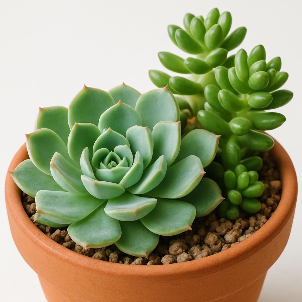 Healthy Echeveria and Sedum succulents growing in terracotta with mineral soil under bright natural light