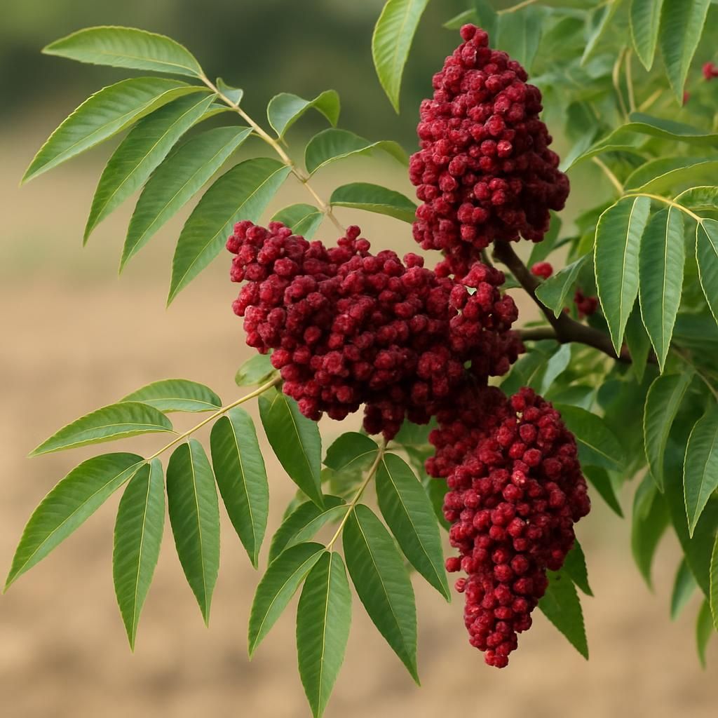 Close-up of ripe red sumac berry clusters on Rhus coriaria shrub ready for harvest