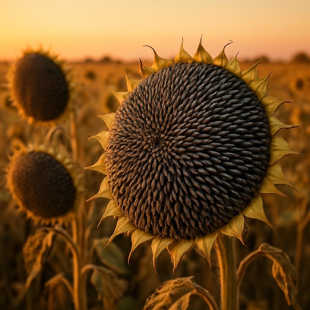 Close-up of black oil sunflower seed heads ready for harvest in a commercial field