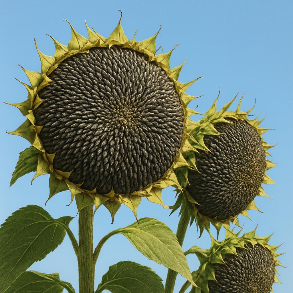 Close-up of Peredovik sunflower heads showing black striped oilseeds ready for harvest