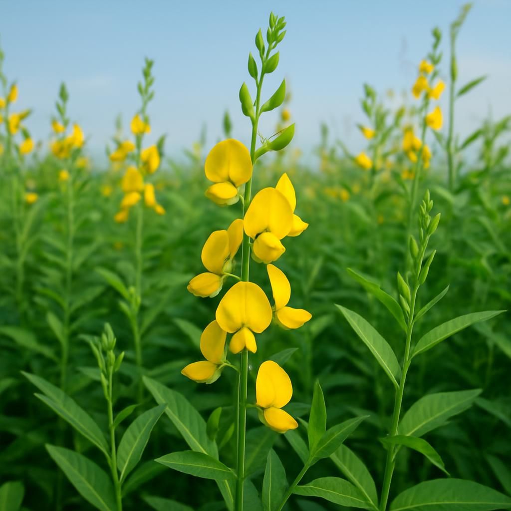 Close-up of thriving sunn hemp plants with yellow flowers in a tropical agricultural field