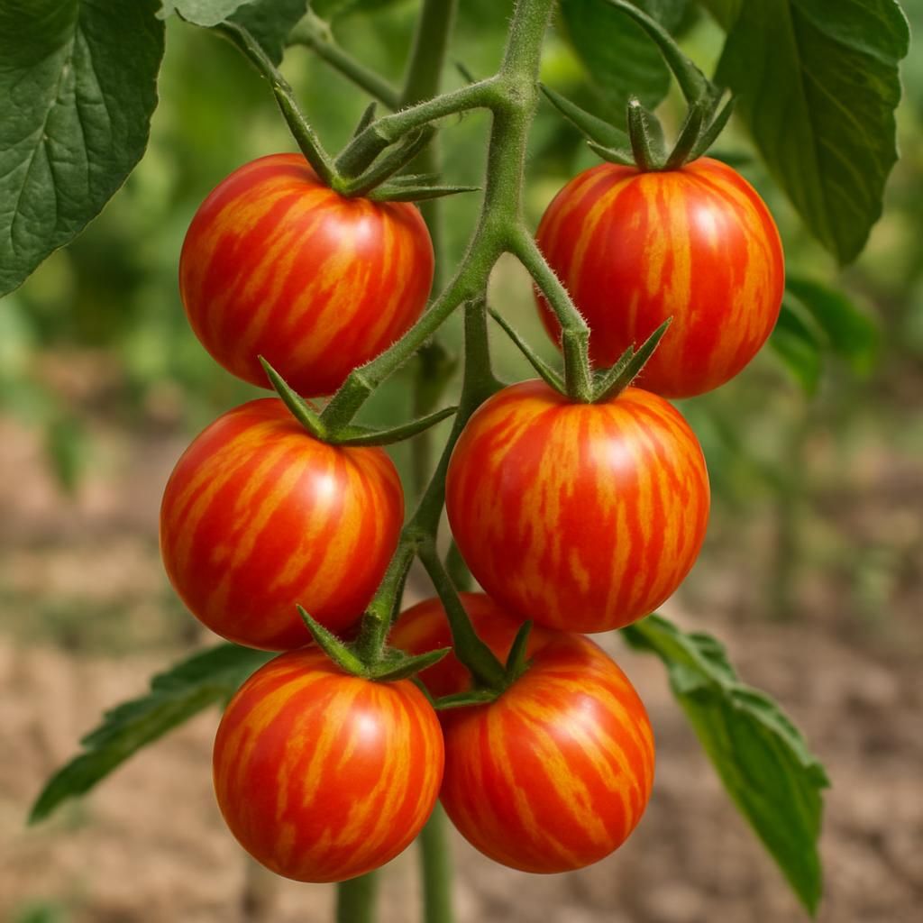 Close-up of Sunrise Bumble Bee Tomato clusters showcasing yellow-orange stripes on red cherry fruits