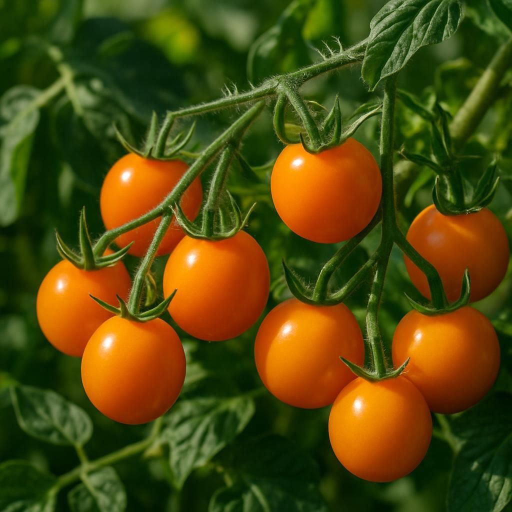 Close-up of golden Sunsugar cherry tomatoes on the vine with lush green leaves in natural sunlight