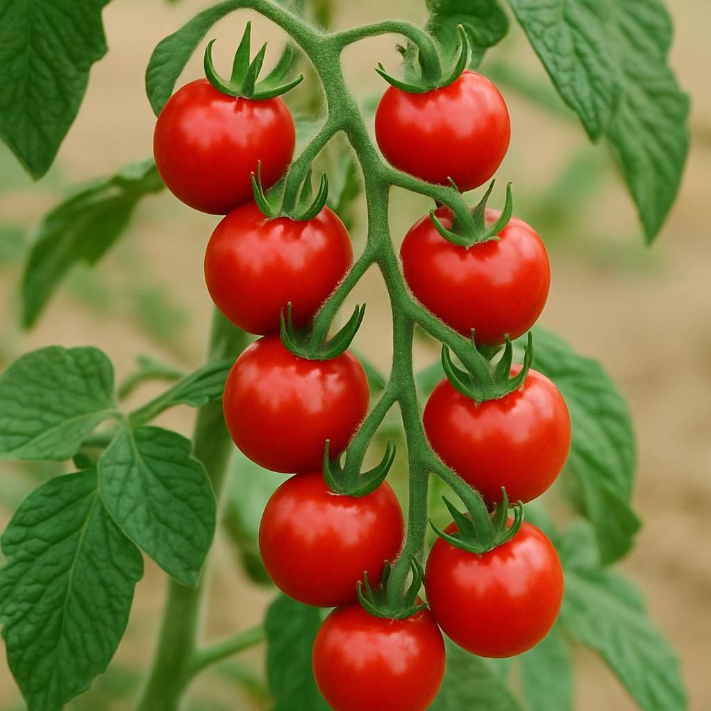 Close-up of ripe Super Sweet 100 cherry tomatoes on the vine with lush green foliage