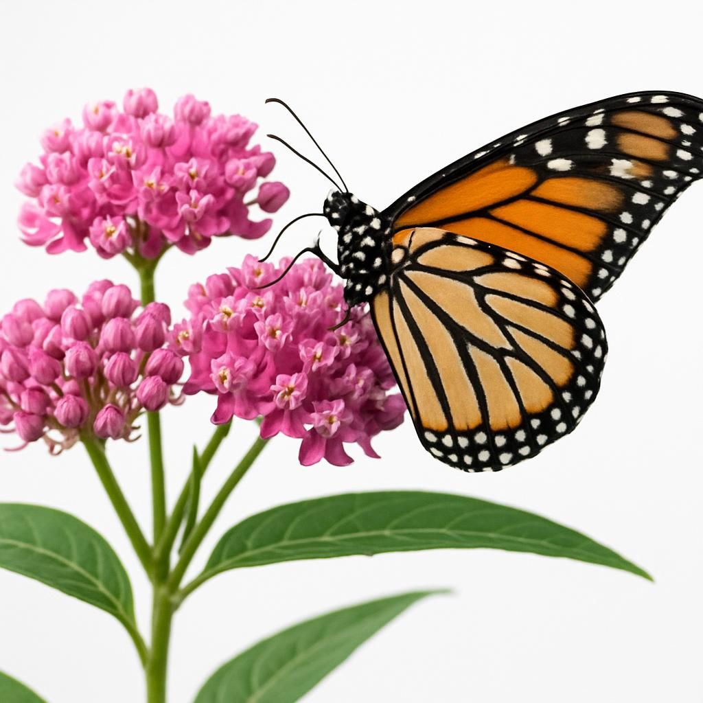 Close-up of pink Swamp Milkweed flowers with monarch butterfly for pollinator garden guide