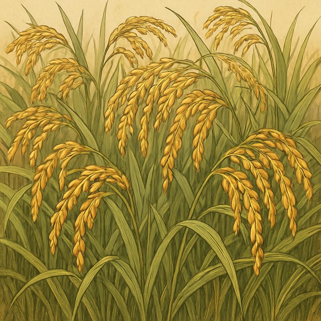 Close-up of mature Swarna Rice plants with lush grains under clear sky.