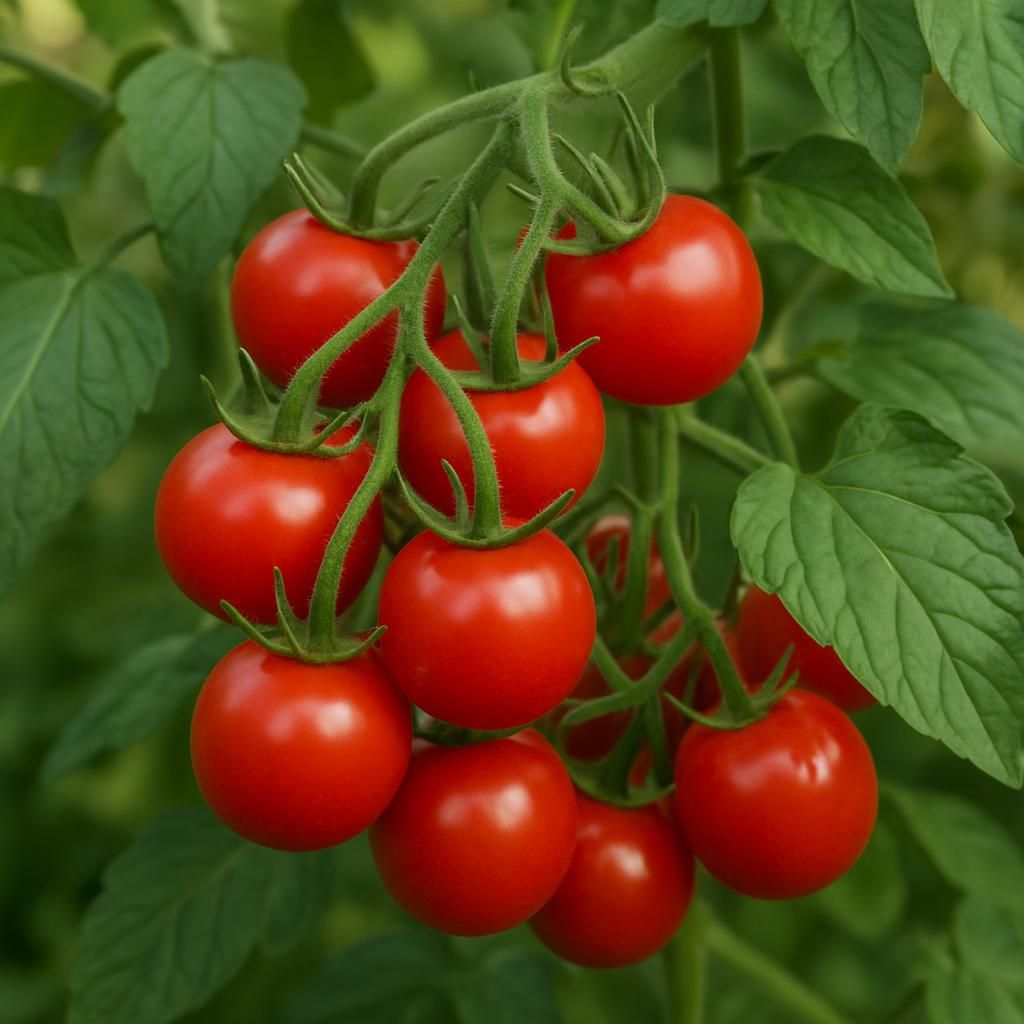 Close-up of ripe Sweet 100 cherry tomatoes on the vine with green leaves