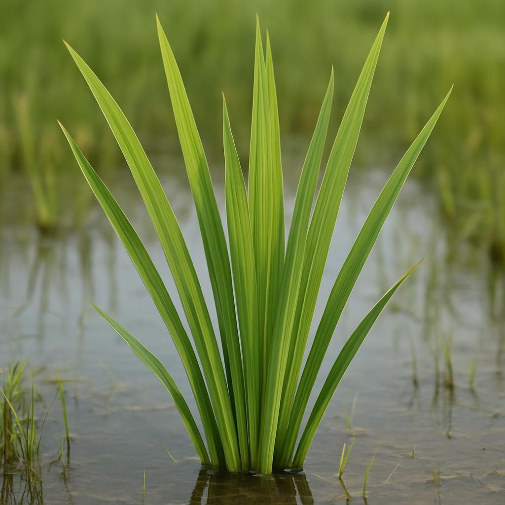 Close-up of lush sweet flag leaves growing in saturated wetland soil for professional crop guide