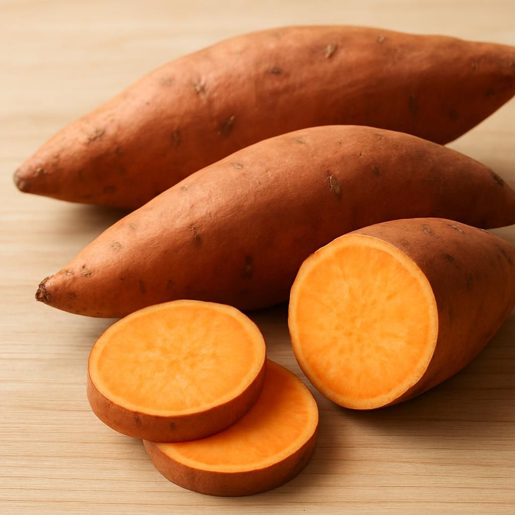 Freshly harvested Beauregard sweet potatoes showing smooth copper skin and moist orange flesh