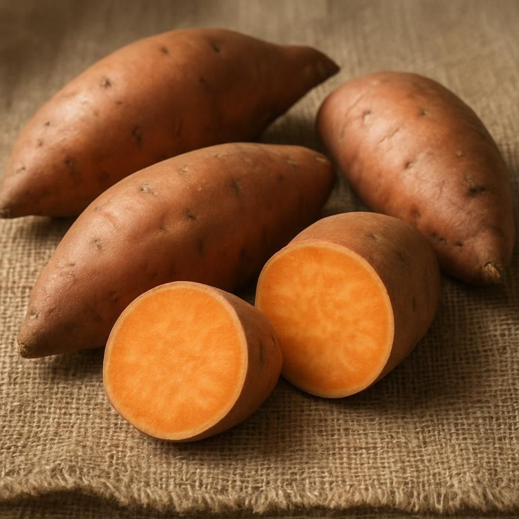 Close-up of Covington sweet potatoes showing smooth copper skin and moist orange flesh