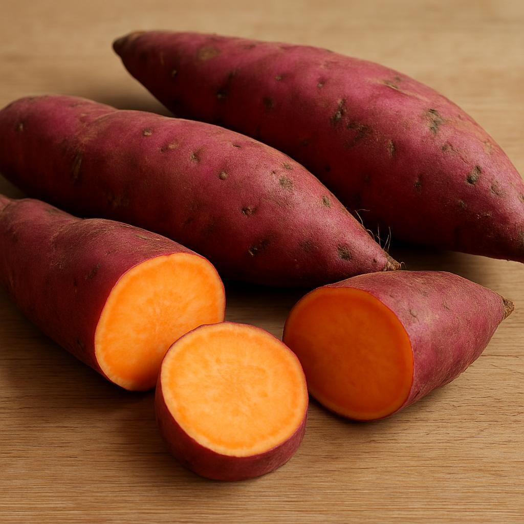 Close-up of Garnet sweet potatoes with garnet-red skin and bright orange flesh on rustic wood