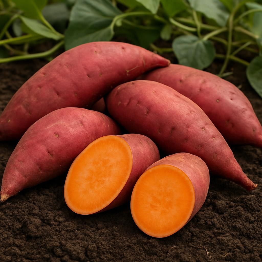 Freshly dug Georgia Jet sweet potatoes showing deep orange flesh and smooth skin