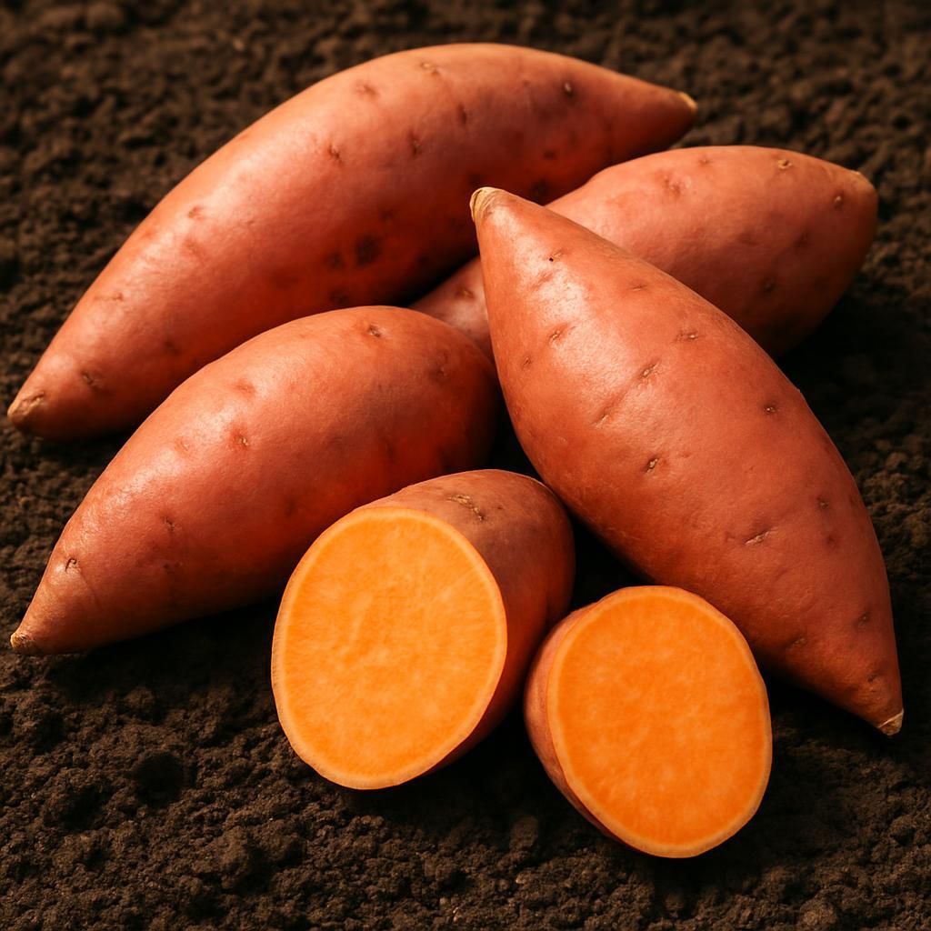 Freshly harvested Hernandez sweet potatoes showing smooth skin and bright orange flesh on garden soil