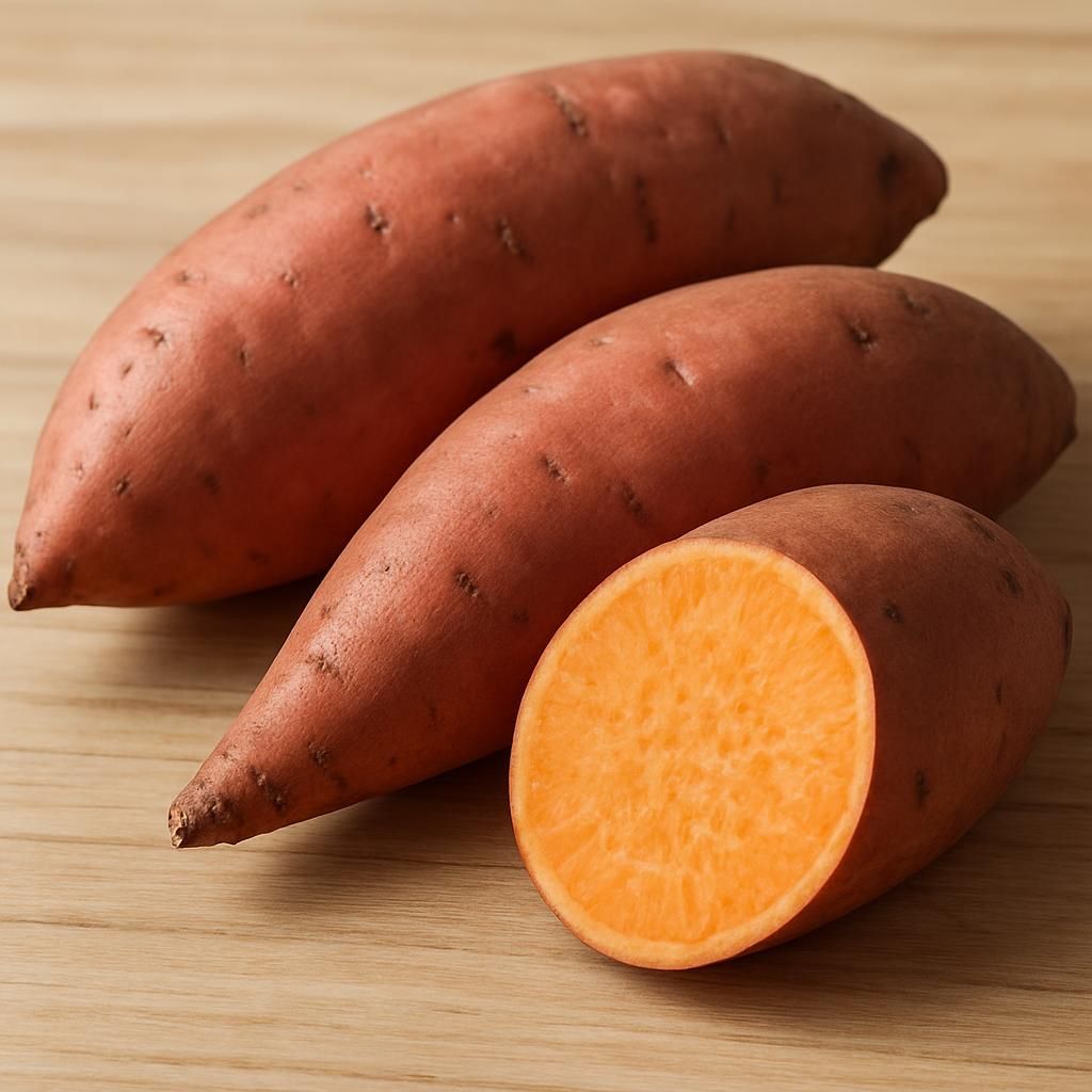 Freshly harvested Jewel sweet potatoes showing smooth copper skin and moist orange flesh on wooden surface