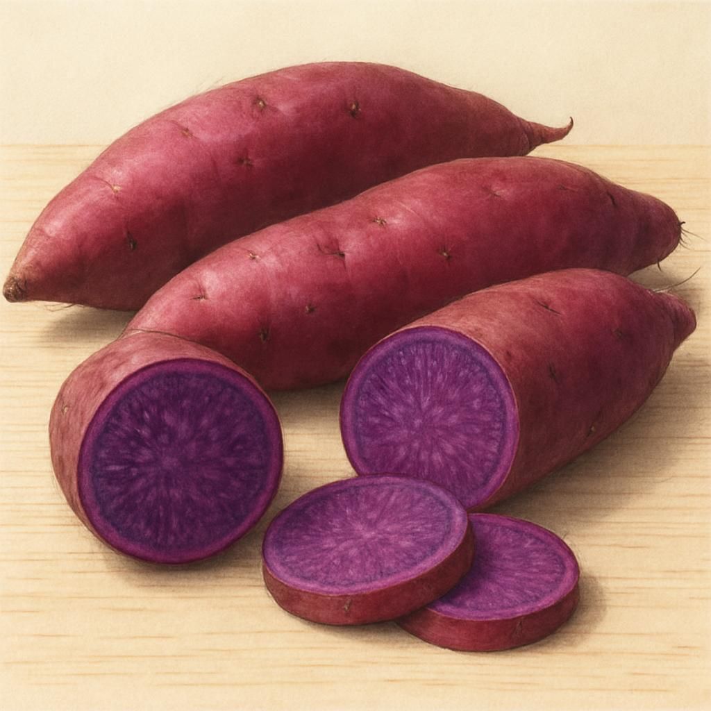 Close-up of Korean Purple sweet potatoes with vibrant violet flesh and smooth reddish-purple skin on wooden surface