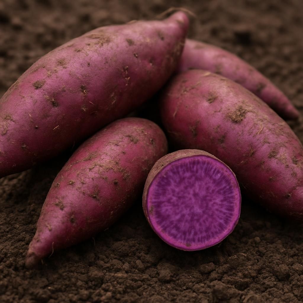 Freshly harvested Murasaki Japanese sweet potatoes showing distinctive purple skin and flesh