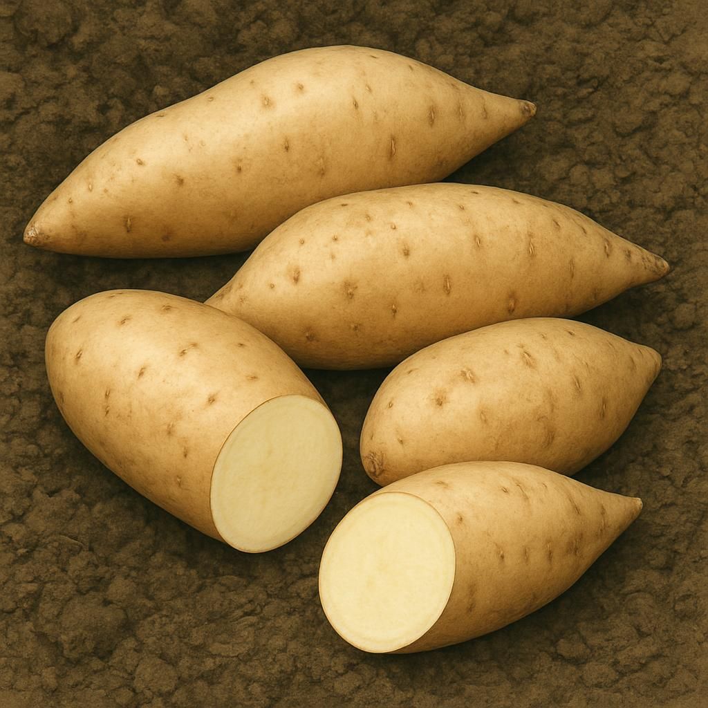 Close-up of O'Henry White sweet potatoes showing smooth skin and creamy white flesh on clean soil