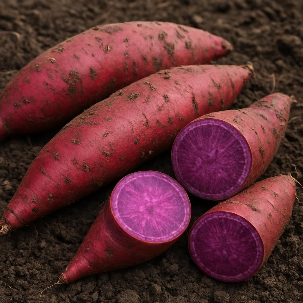Freshly dug Stokes Purple sweet potatoes displaying vibrant purple flesh and red skin on garden soil