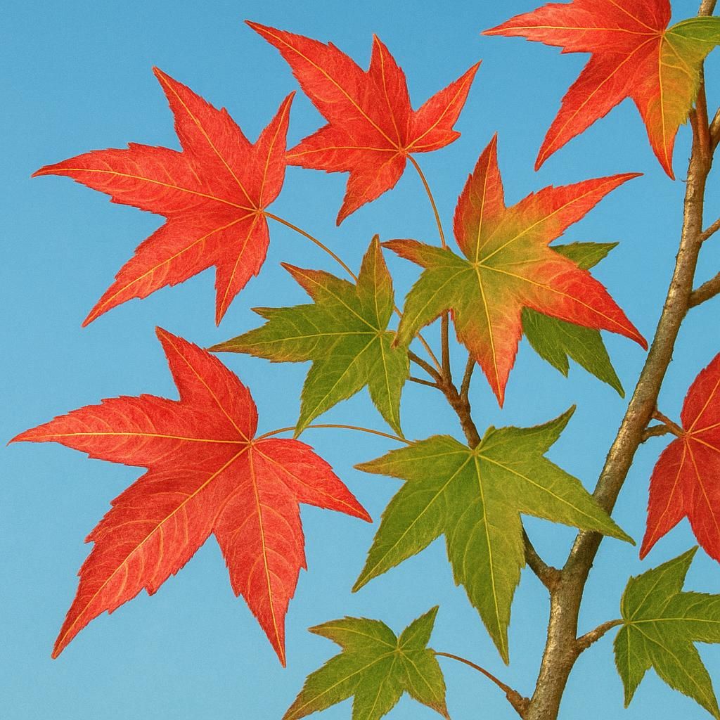 Close-up of sweetgum leaves displaying star shape and brilliant autumn color for agricultural guide