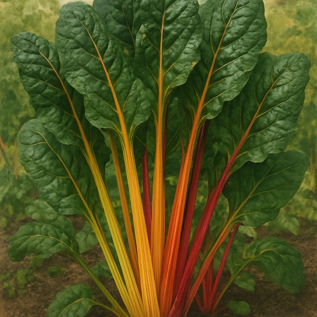 Close-up of Swiss Chard Bright Lights with colorful stems and lush green leaves in a garden.