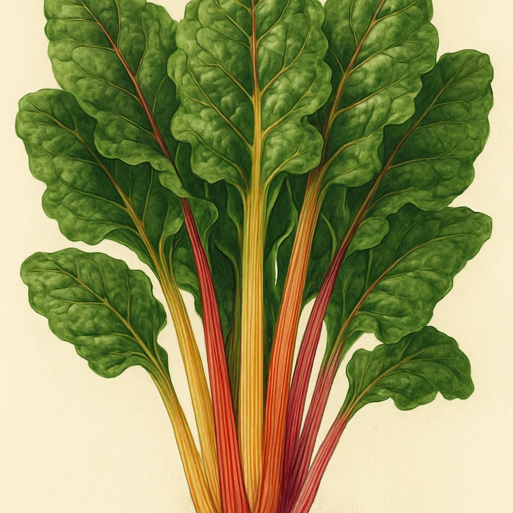 Close-up of vibrant Swiss Chard (Celebration) with colorful stems and dark green leaves.