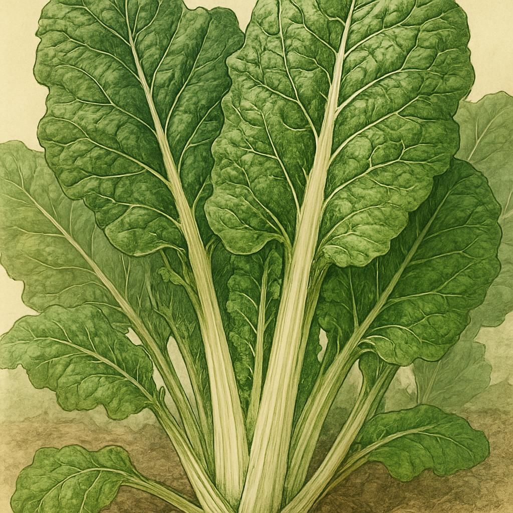 Close-up photograph of vibrant Swiss Chard 'Fordhook Giant' leaves and stalks in a garden.