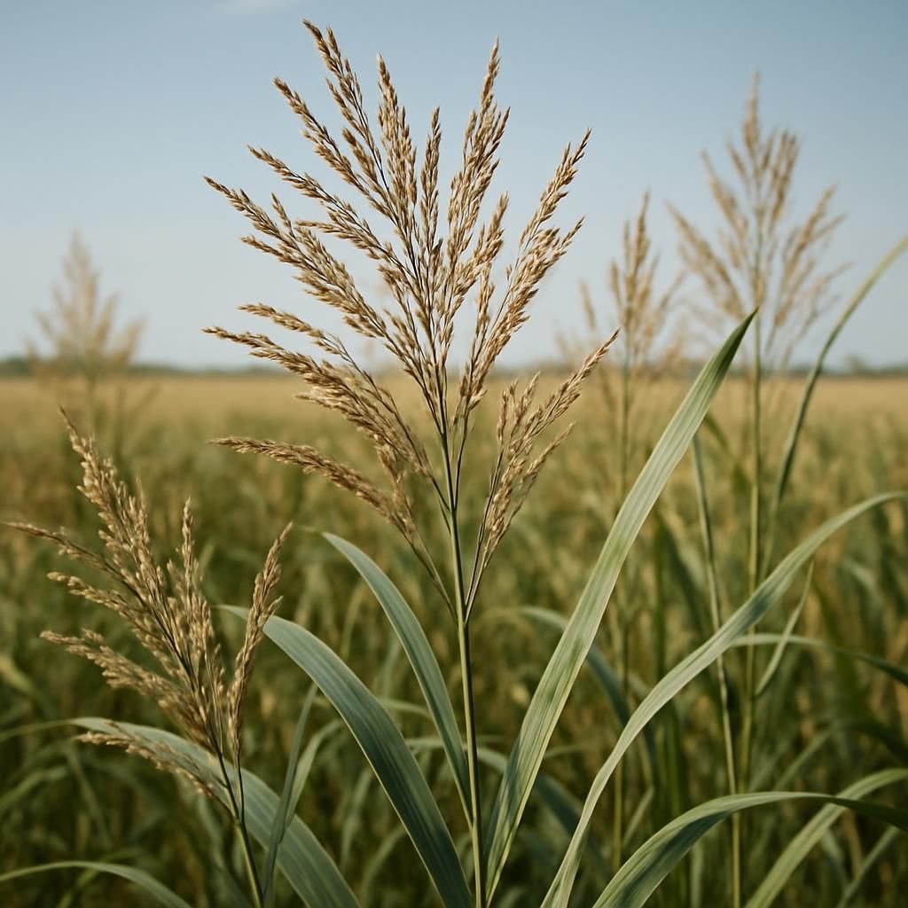 Close-up of tall switchgrass seed heads and foliage in a commercial field under clear sky
