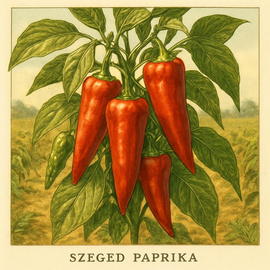 Close-up of Szeged Paprika in a lush, sunlit garden, showcasing vibrant red peppers.