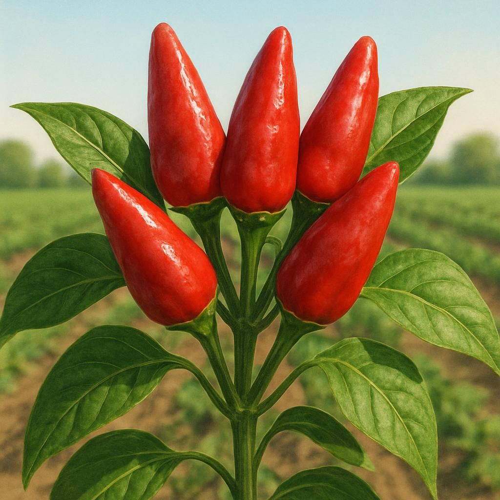 Close-up of vibrant red Tabasco Pepper pods growing upright on lush green plant in sunlight