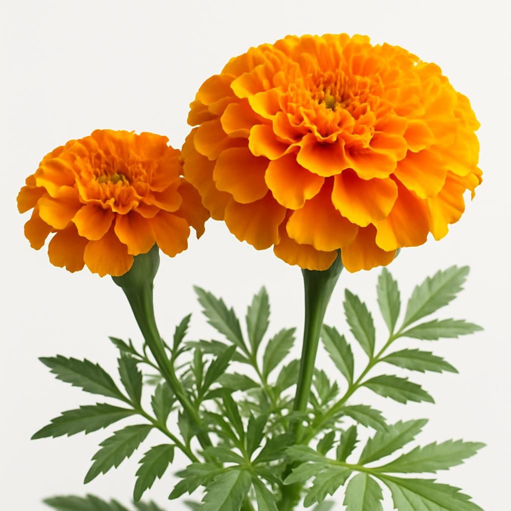 Close-up of blooming orange and yellow Tagetes marigold flowers with lush green foliage for agricultural growing guide