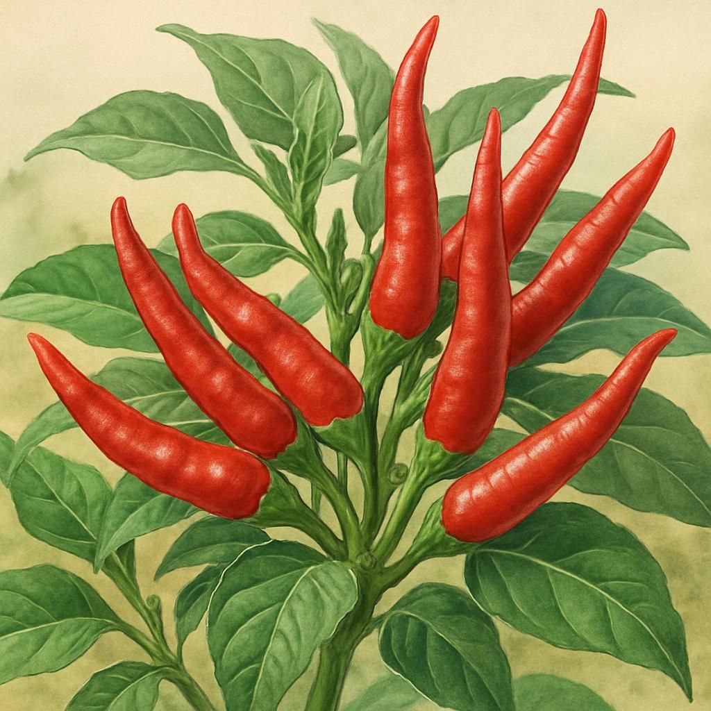Close-up of red curved Takano Tsume Hawk Claw chili peppers on plant