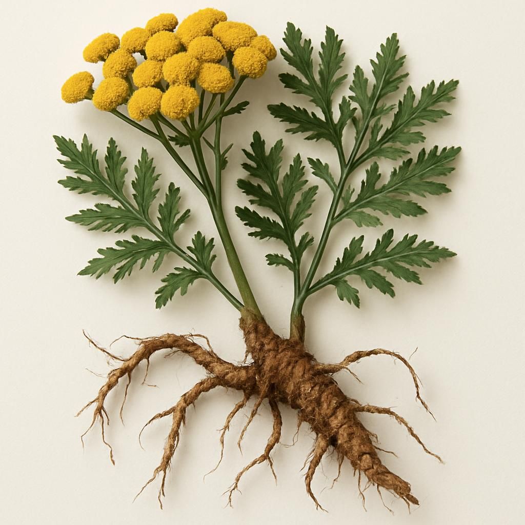 Close-up of aromatic Tansy Root clusters with fern-like leaves and yellow flowers for growing guide header