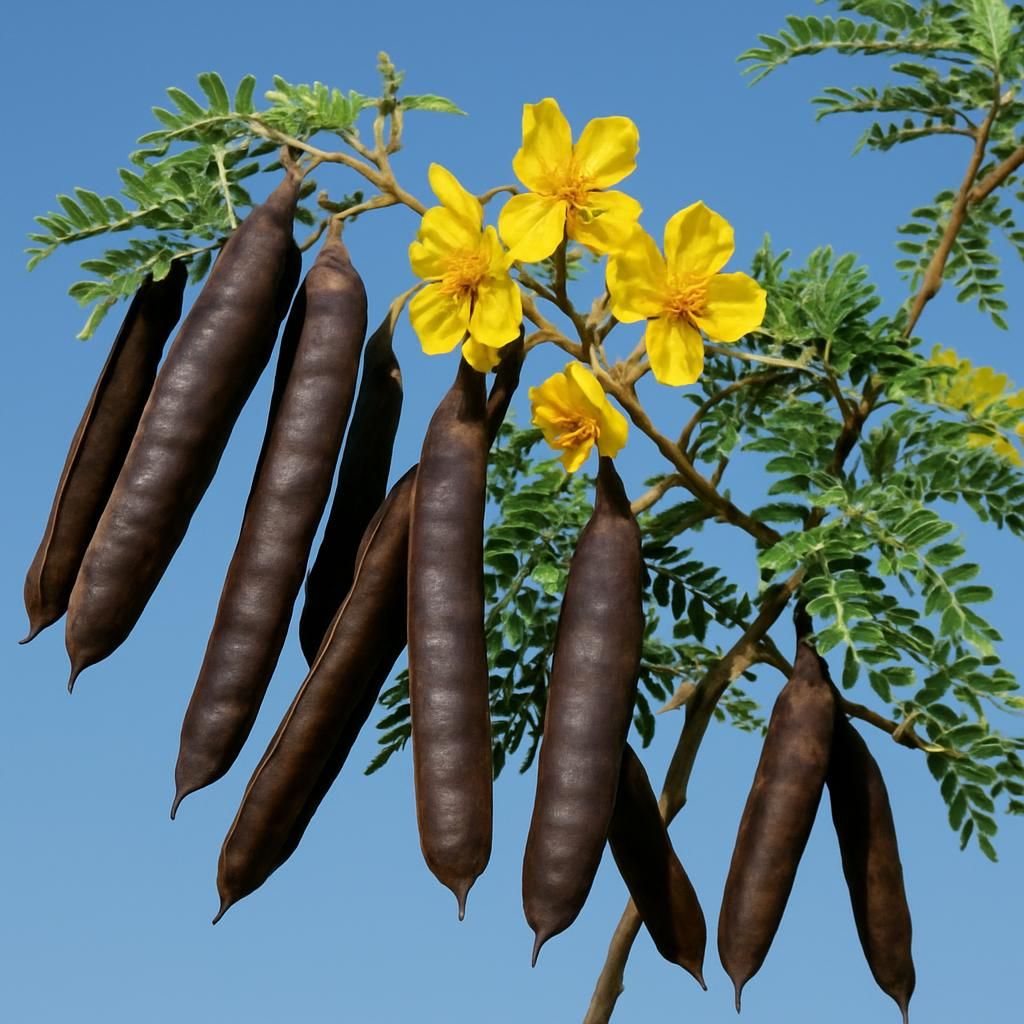Close-up of tara tree (Caesalpinia spinosa) showing mature seed pods and yellow flowers for tara gum production