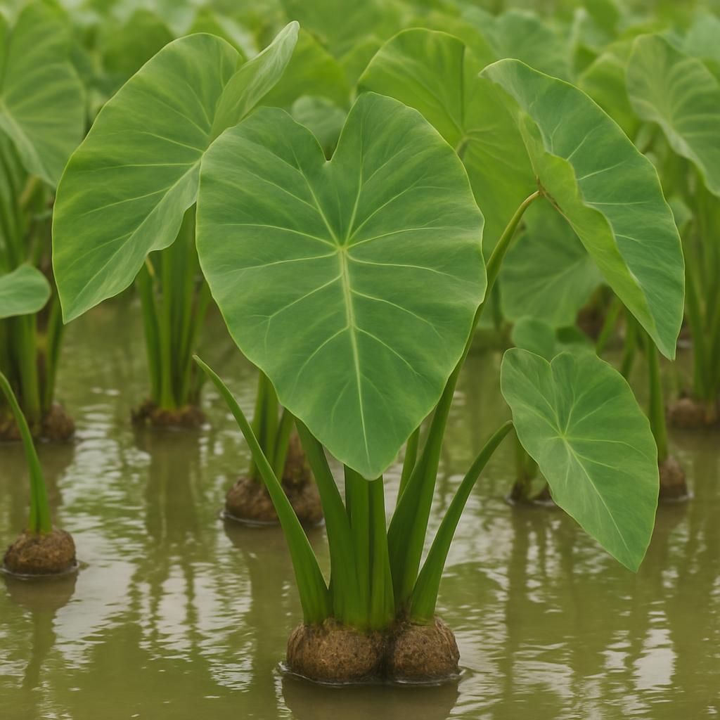 Close-up of Bun-long taro plants showing large leaves and corms in irrigated field