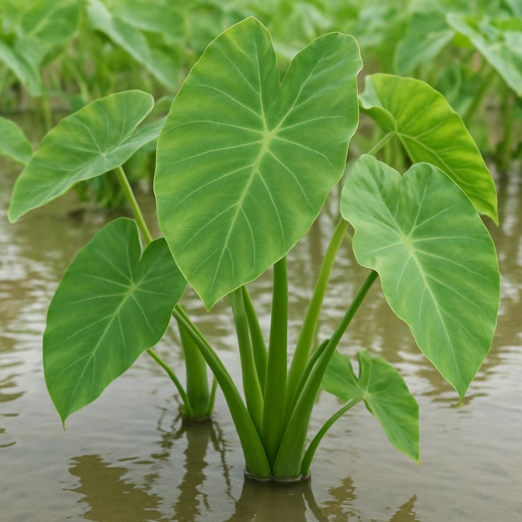 Close-up of lush taro dasheen plants with large green leaves growing in flooded tropical field
