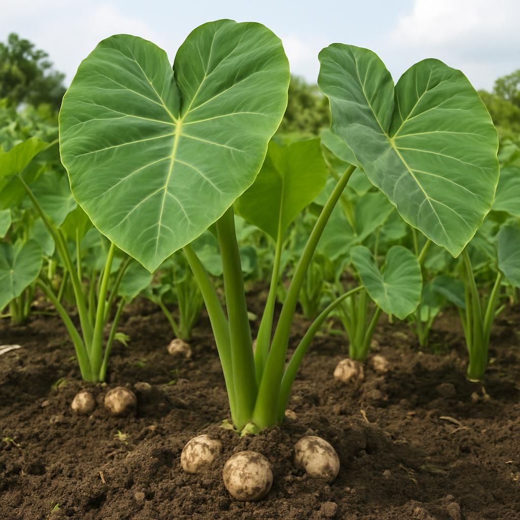 Close-up of thriving Taro (Eddoe) plants with large green leaves and developing corms in fertile tropical soil