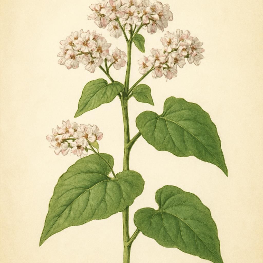 Close-up of Tartary Buckwheat in bloom, showcasing its flowers and heart-shaped leaves.